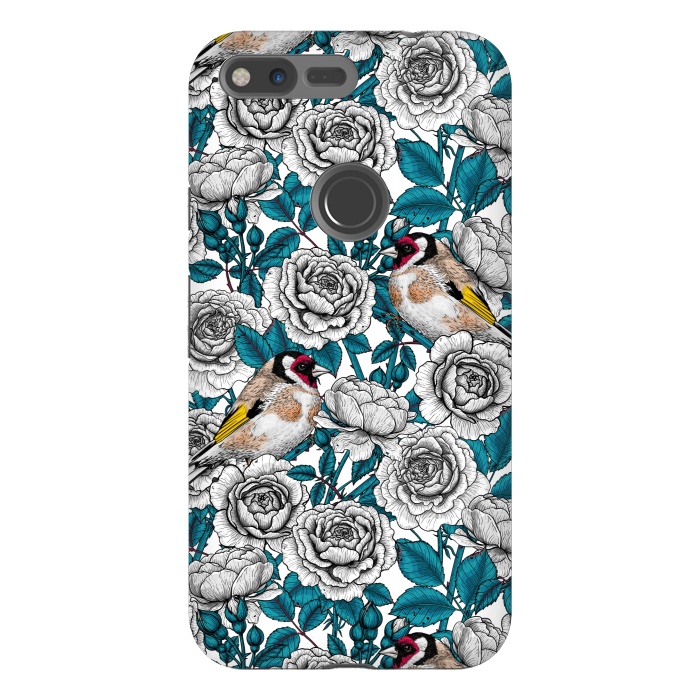 Pixel XL StrongFit White rose flowers and goldfinch birds by Katerina Kirilova