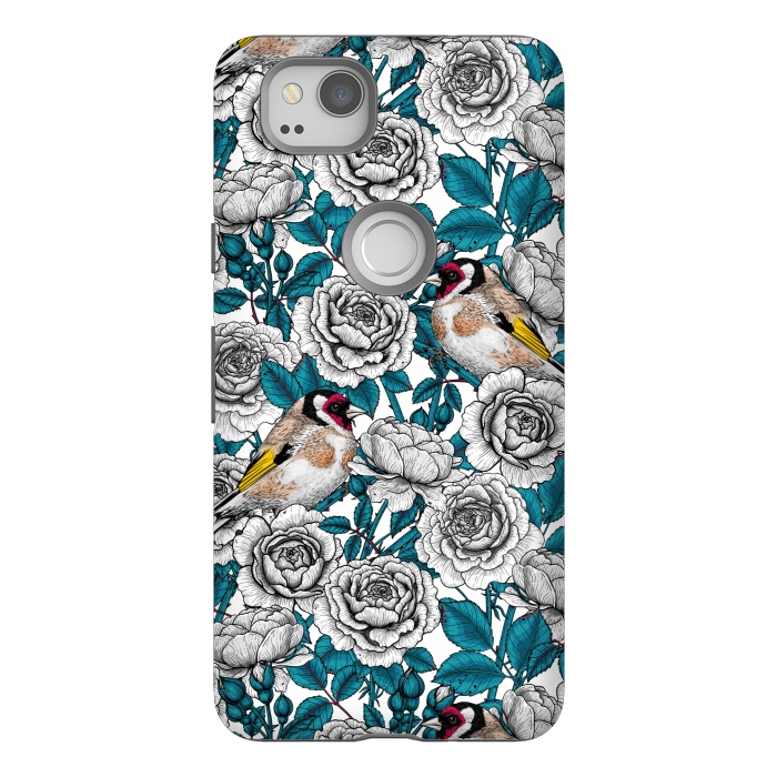 Pixel 2 StrongFit White rose flowers and goldfinch birds by Katerina Kirilova