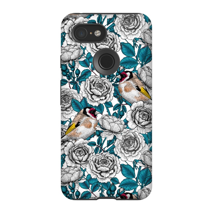 Pixel 3 StrongFit White rose flowers and goldfinch birds by Katerina Kirilova