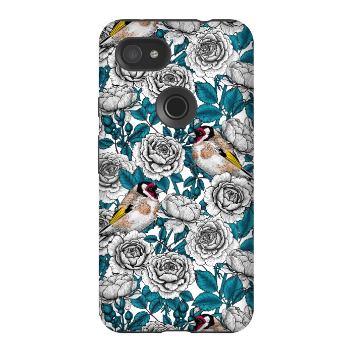 Pixel 3AXL StrongFit White rose flowers and goldfinch birds by Katerina Kirilova