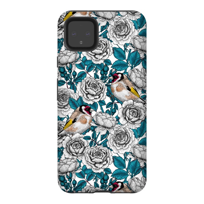 Pixel 4XL StrongFit White rose flowers and goldfinch birds by Katerina Kirilova