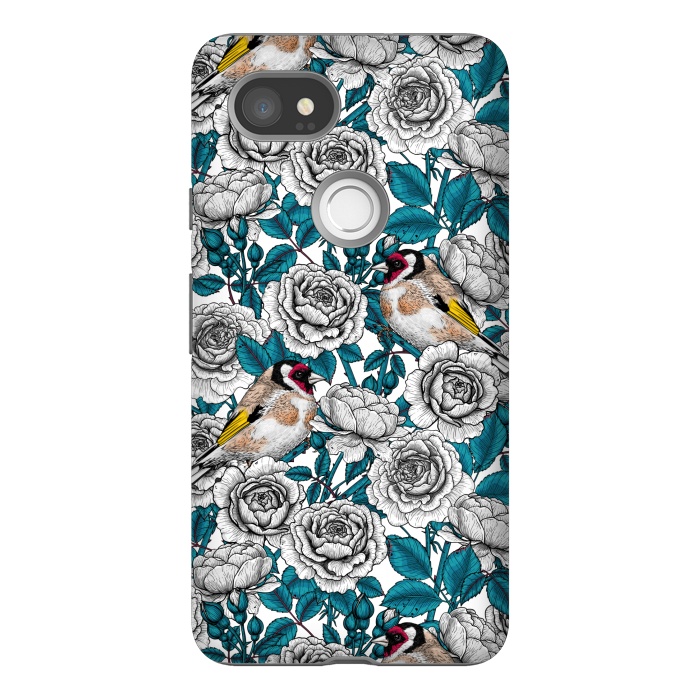 Pixel 2XL StrongFit White rose flowers and goldfinch birds by Katerina Kirilova