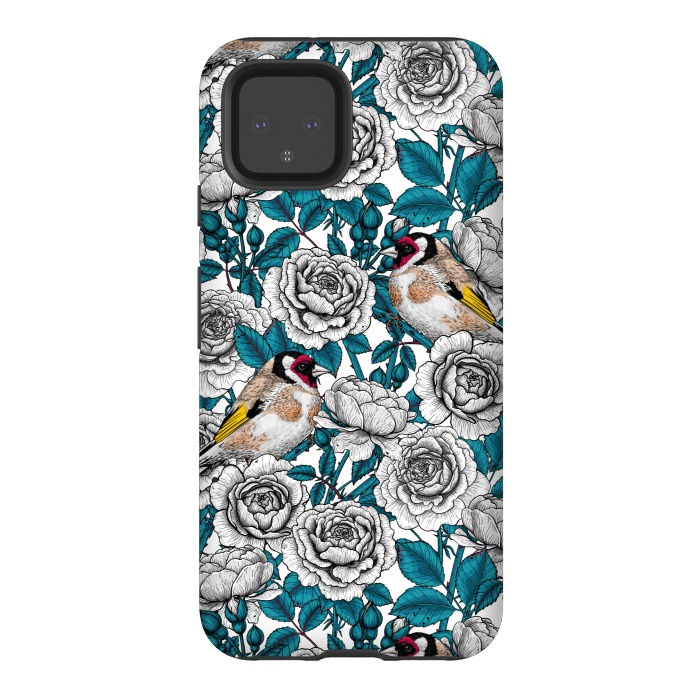Pixel 4 StrongFit White rose flowers and goldfinch birds by Katerina Kirilova