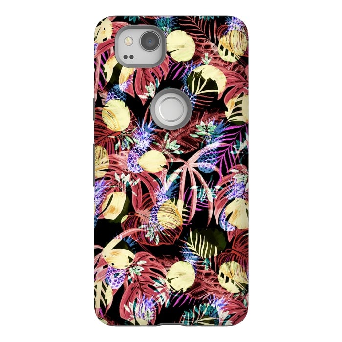 Pixel 2 StrongFit Colourful painted tropical leaves and pineapples by Oana 
