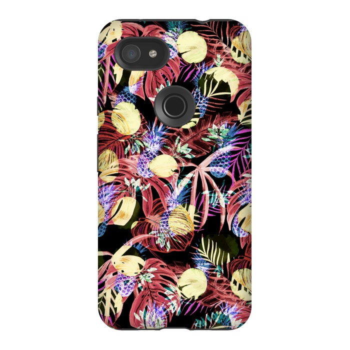 Pixel 3AXL StrongFit Colourful painted tropical leaves and pineapples by Oana 