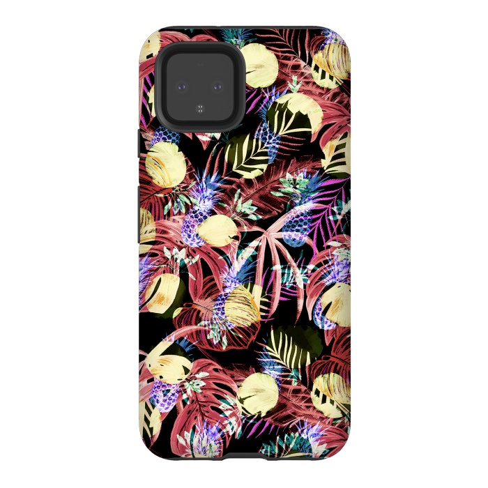 Pixel 4 StrongFit Colourful painted tropical leaves and pineapples by Oana 
