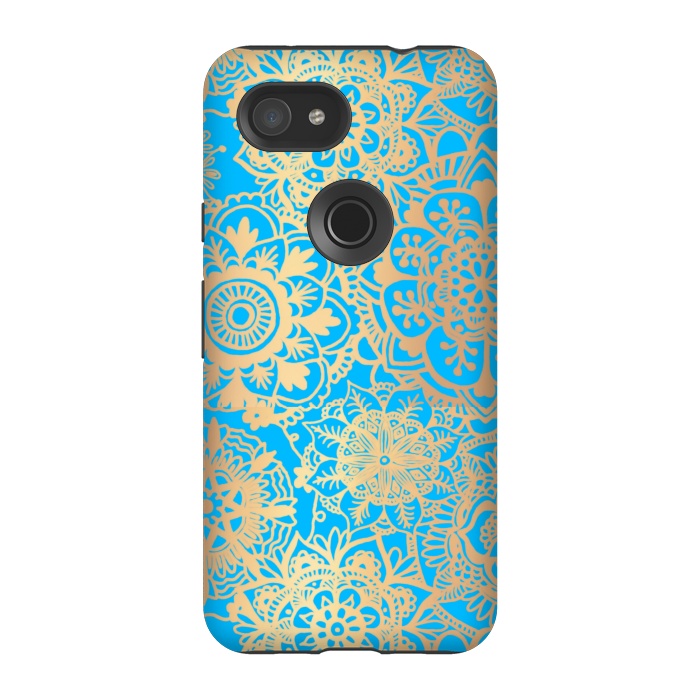 Pixel 3A StrongFit Light Blue and Gold Mandala Pattern by Julie Erin Designs