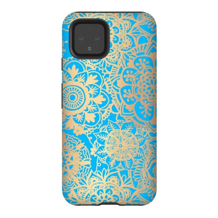 Pixel 4 StrongFit Light Blue and Gold Mandala Pattern by Julie Erin Designs