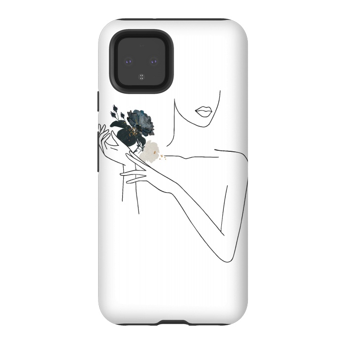 Pixel 4 StrongFit Lineart Girl With Black Flowers by DaDo ART