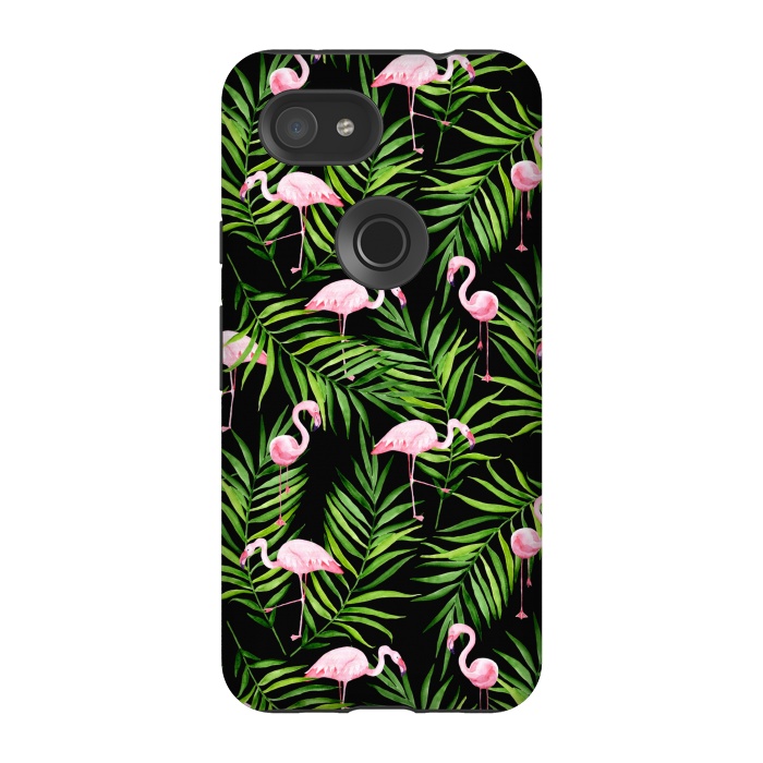 Pixel 3A StrongFit Pink flamingo ang palm leaves by Julia Badeeva