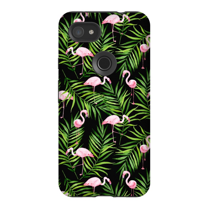 Pixel 3AXL StrongFit Pink flamingo ang palm leaves by Julia Badeeva