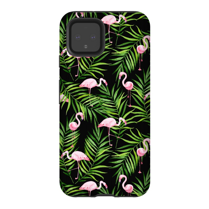 Pixel 4 StrongFit Pink flamingo ang palm leaves by Julia Badeeva