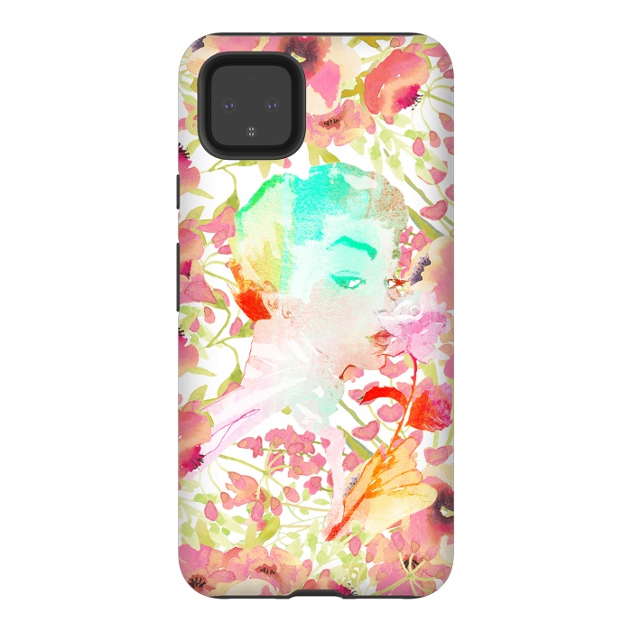 Pixel 4XL StrongFit Woman with pink roses watercolor illustration by Oana 