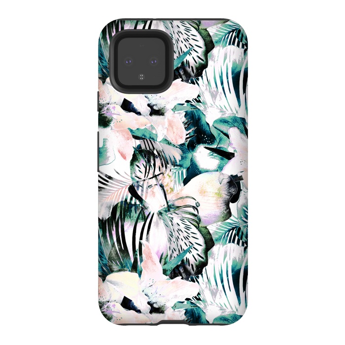 Pixel 4 StrongFit Tropical flowers and palm leaves by Oana 