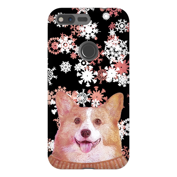 Pixel XL StrongFit Cute corgi and white rose gold snowflakes by Oana 