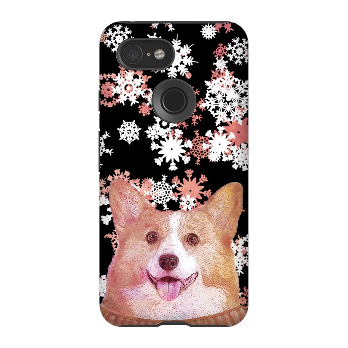 Pixel 3 StrongFit Cute corgi and white rose gold snowflakes by Oana 