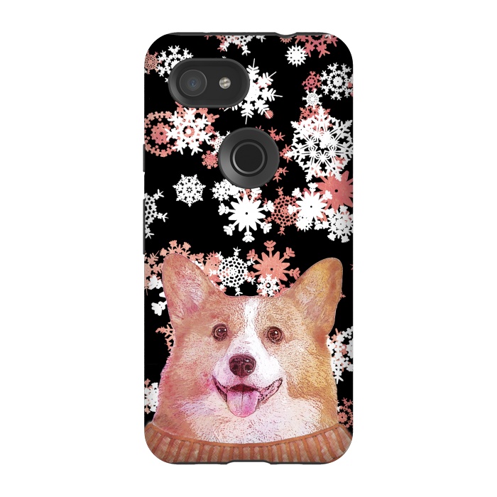 Pixel 3A StrongFit Cute corgi and white rose gold snowflakes by Oana 
