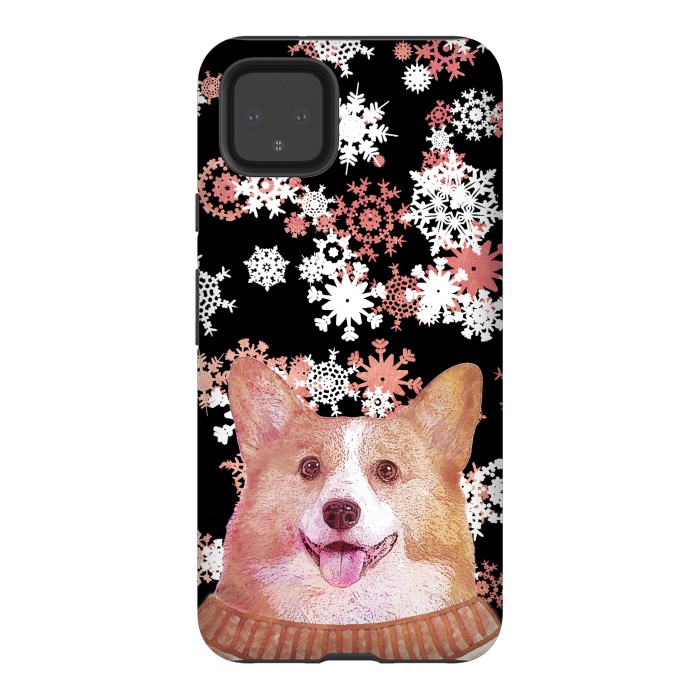 Pixel 4XL StrongFit Cute corgi and white rose gold snowflakes by Oana 