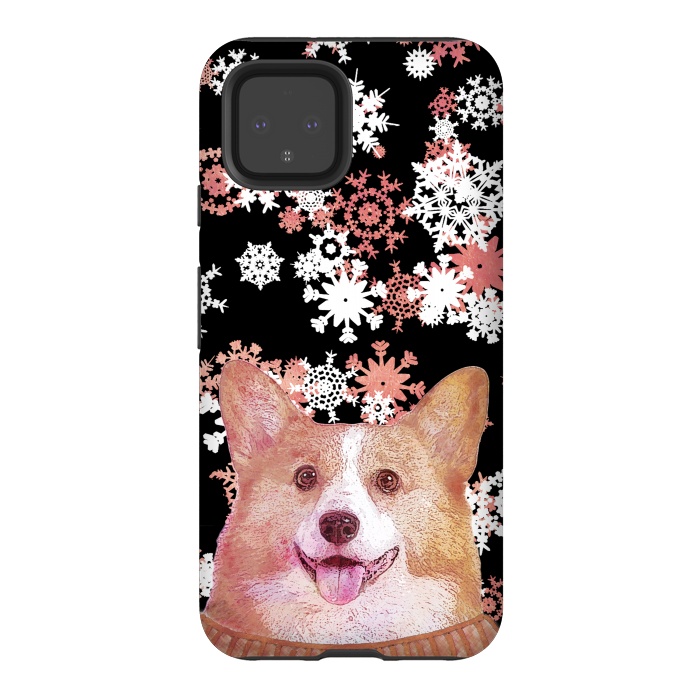 Pixel 4 StrongFit Cute corgi and white rose gold snowflakes by Oana 
