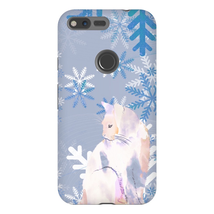 Pixel XL StrongFit Cat and metallic blue snowflakes watercolor illustration by Oana 
