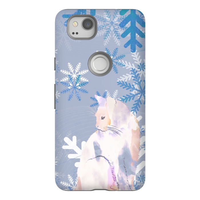Pixel 2 StrongFit Cat and metallic blue snowflakes watercolor illustration by Oana 