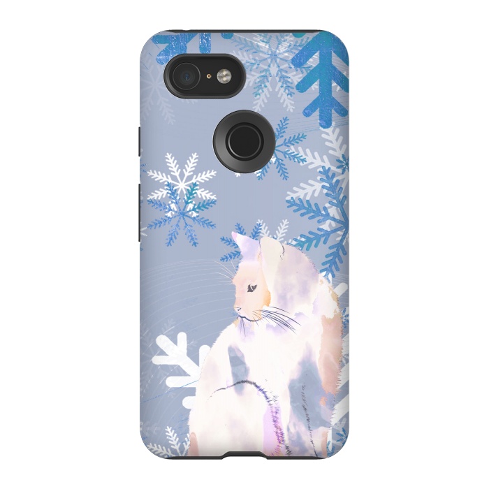 Pixel 3 StrongFit Cat and metallic blue snowflakes watercolor illustration by Oana 