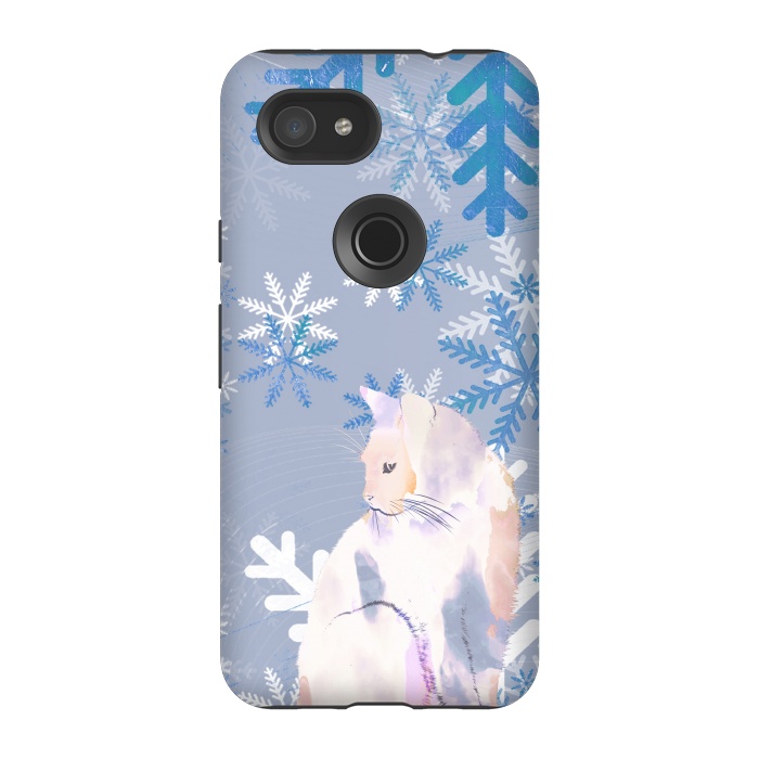 Pixel 3A StrongFit Cat and metallic blue snowflakes watercolor illustration by Oana 