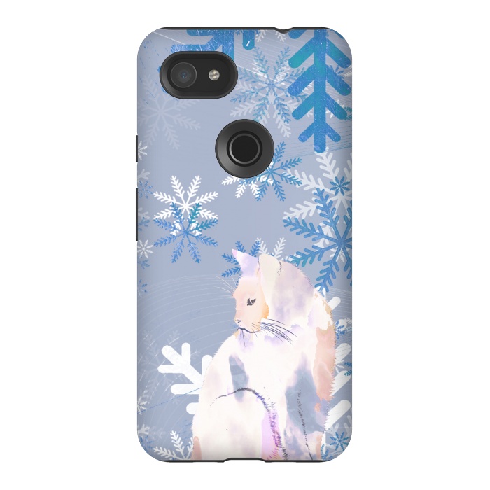 Pixel 3AXL StrongFit Cat and metallic blue snowflakes watercolor illustration by Oana 