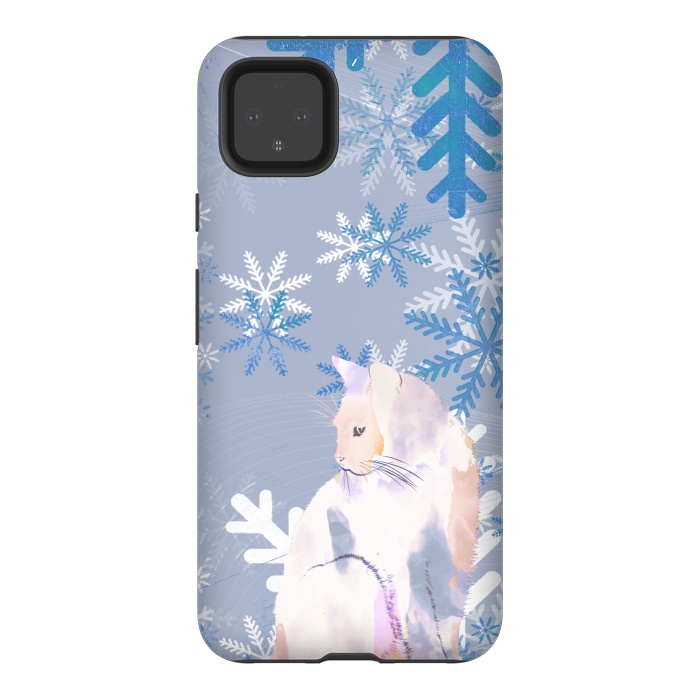 Pixel 4XL StrongFit Cat and metallic blue snowflakes watercolor illustration by Oana 