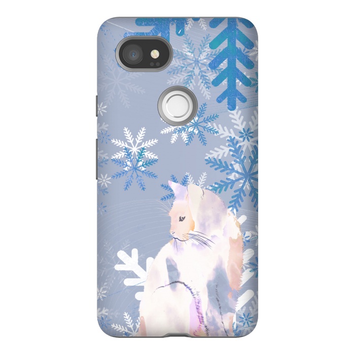 Pixel 2XL StrongFit Cat and metallic blue snowflakes watercolor illustration by Oana 