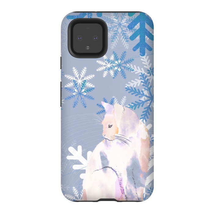 Pixel 4 StrongFit Cat and metallic blue snowflakes watercolor illustration by Oana 