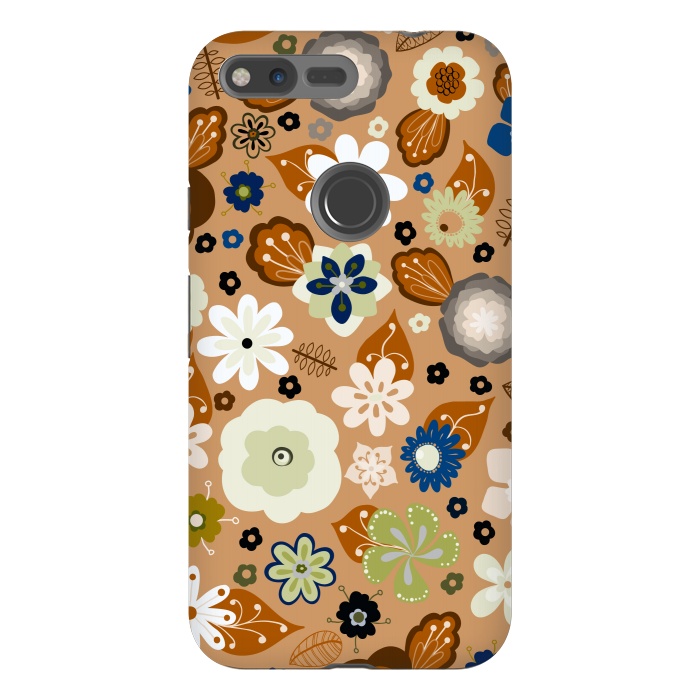 Pixel XL StrongFit Kitsch 70s Flowers in Classic Blue and Brown by Paula Ohreen