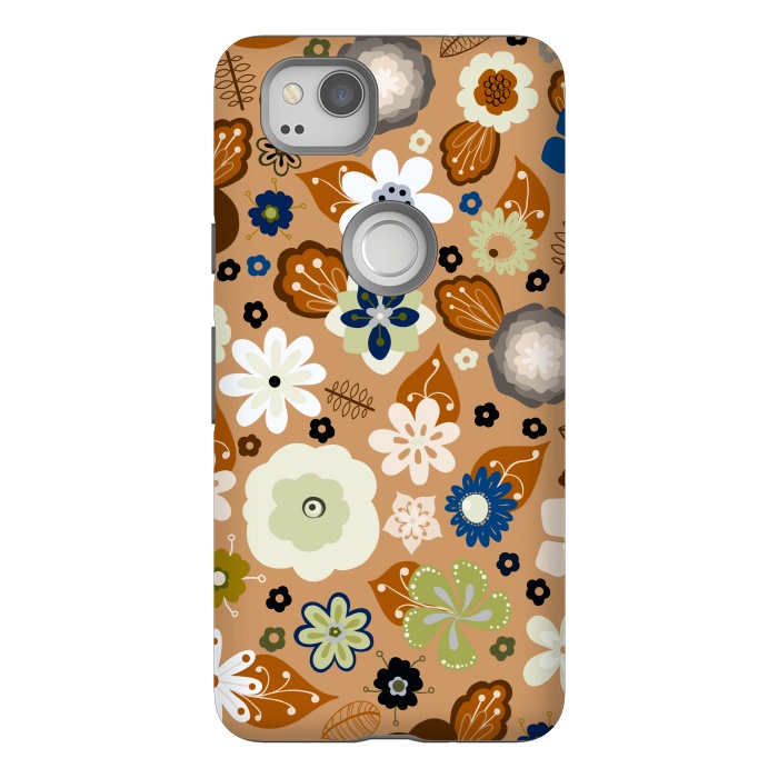 Pixel 2 StrongFit Kitsch 70s Flowers in Classic Blue and Brown by Paula Ohreen