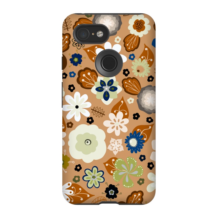 Pixel 3 StrongFit Kitsch 70s Flowers in Classic Blue and Brown by Paula Ohreen