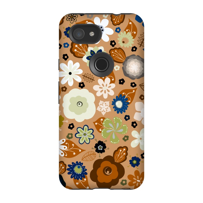 Pixel 3A StrongFit Kitsch 70s Flowers in Classic Blue and Brown by Paula Ohreen