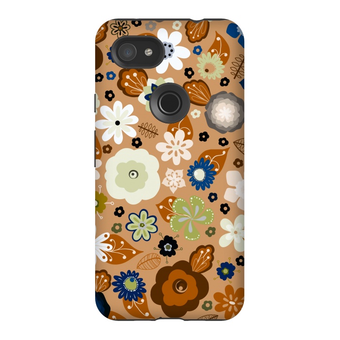 Pixel 3AXL StrongFit Kitsch 70s Flowers in Classic Blue and Brown by Paula Ohreen