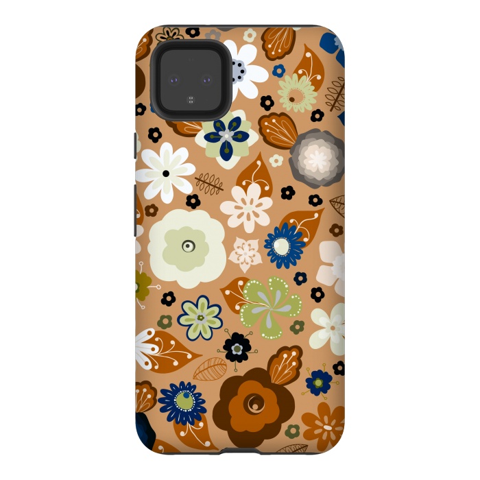 Pixel 4XL StrongFit Kitsch 70s Flowers in Classic Blue and Brown by Paula Ohreen