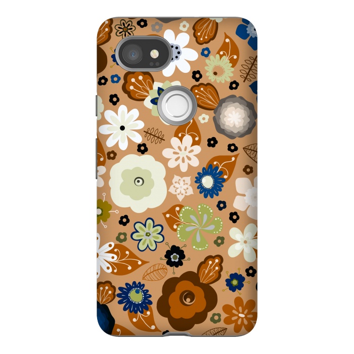 Pixel 2XL StrongFit Kitsch 70s Flowers in Classic Blue and Brown by Paula Ohreen