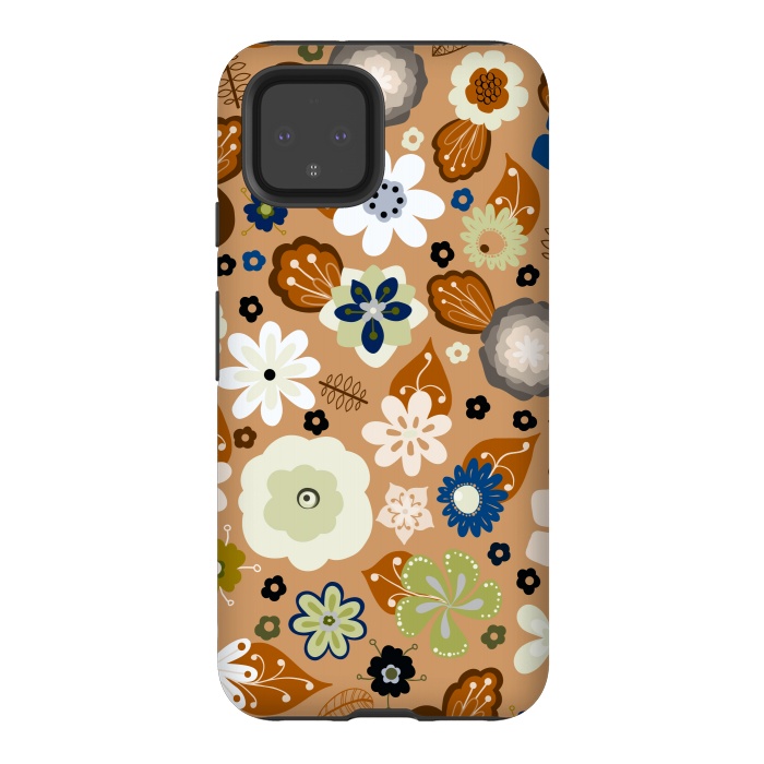 Pixel 4 StrongFit Kitsch 70s Flowers in Classic Blue and Brown by Paula Ohreen