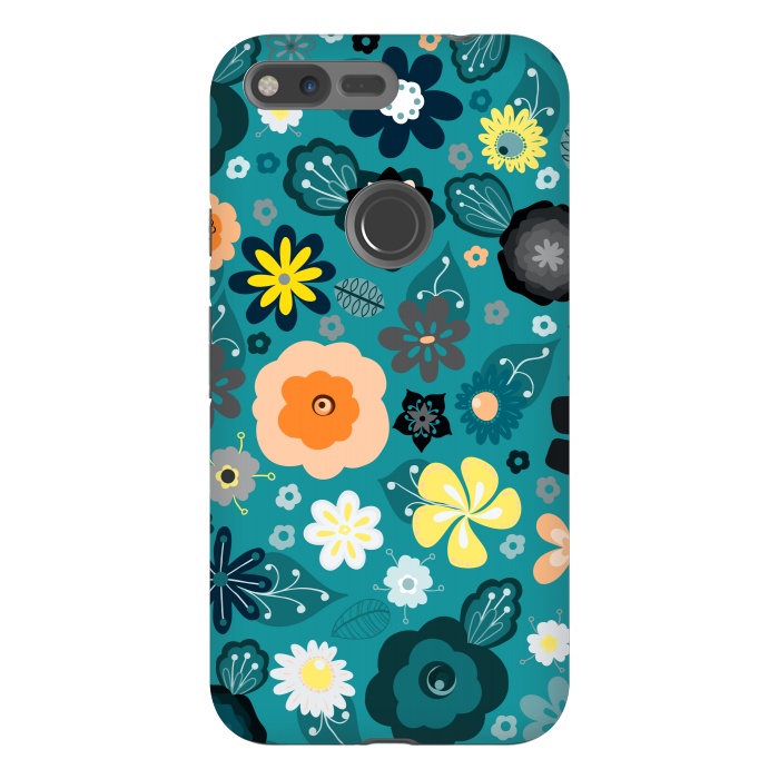 Pixel XL StrongFit Kitsch 70s Flowers in Classic Blue and Yellow by Paula Ohreen