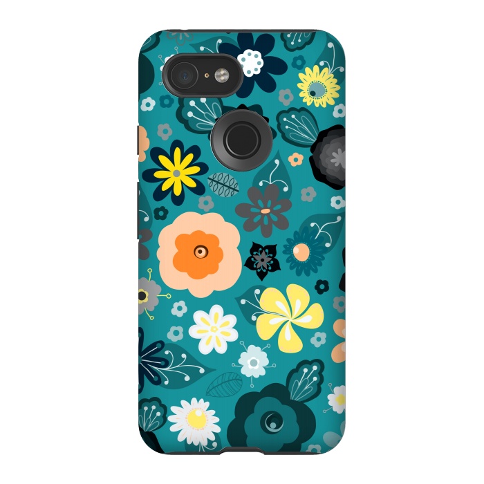 Pixel 3 StrongFit Kitsch 70s Flowers in Classic Blue and Yellow by Paula Ohreen