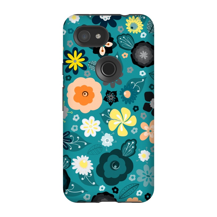 Pixel 3A StrongFit Kitsch 70s Flowers in Classic Blue and Yellow by Paula Ohreen