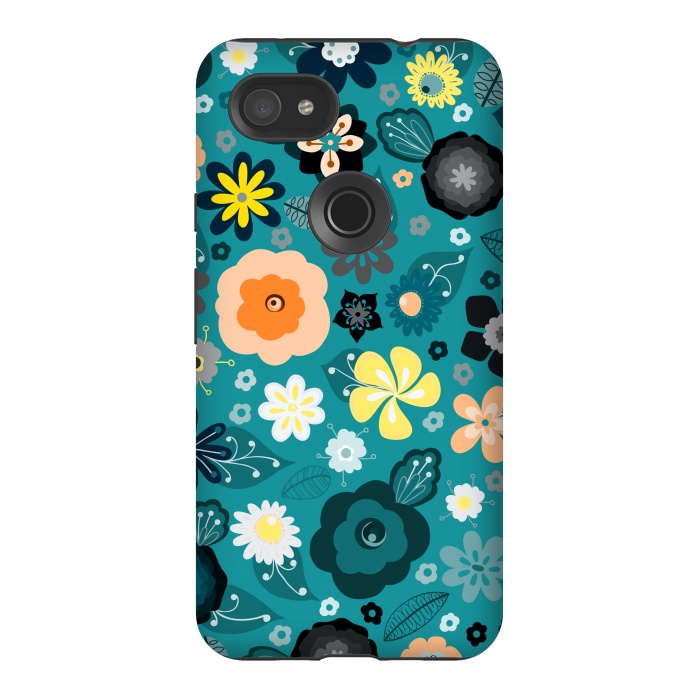 Pixel 3AXL StrongFit Kitsch 70s Flowers in Classic Blue and Yellow by Paula Ohreen