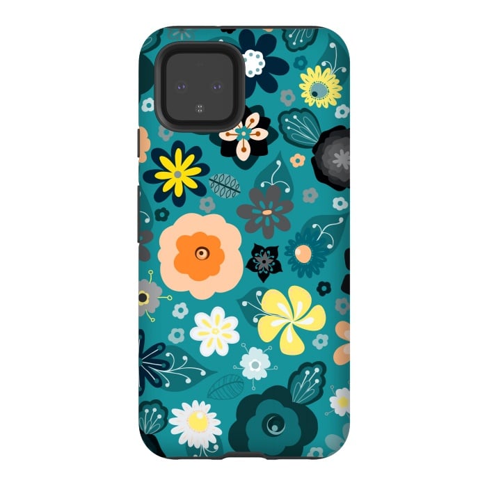 Pixel 4 StrongFit Kitsch 70s Flowers in Classic Blue and Yellow by Paula Ohreen