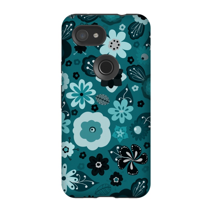 Pixel 3A StrongFit Kitsch 70s Flowers in Monochrome Classic Blue by Paula Ohreen