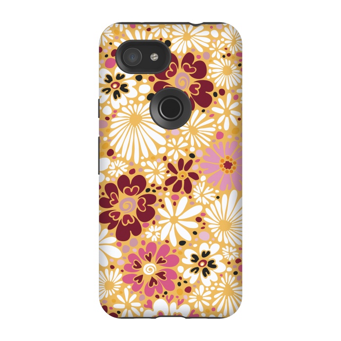Pixel 3A StrongFit 70s Valentine Flowers in Pink, Cream and Yellow by Paula Ohreen