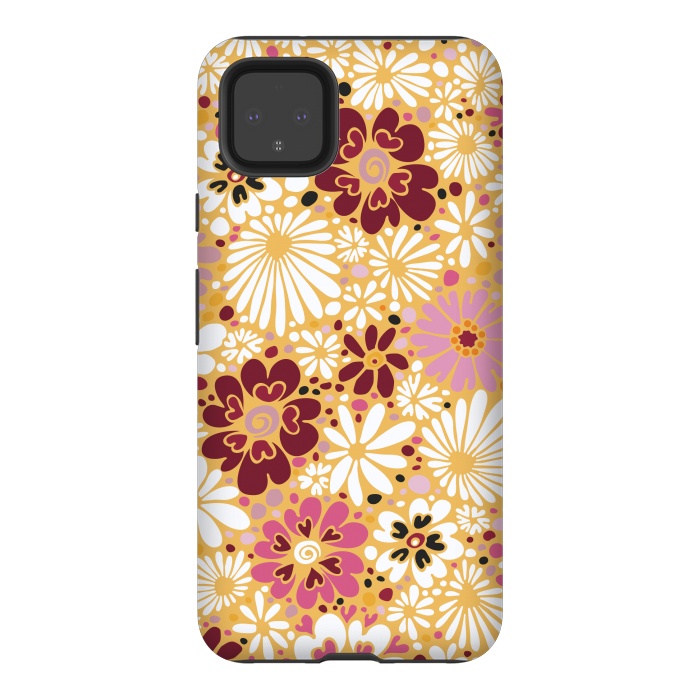 Pixel 4XL StrongFit 70s Valentine Flowers in Pink, Cream and Yellow by Paula Ohreen