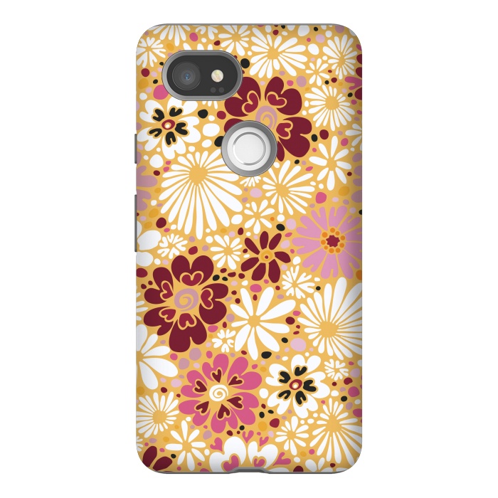 Pixel 2XL StrongFit 70s Valentine Flowers in Pink, Cream and Yellow by Paula Ohreen
