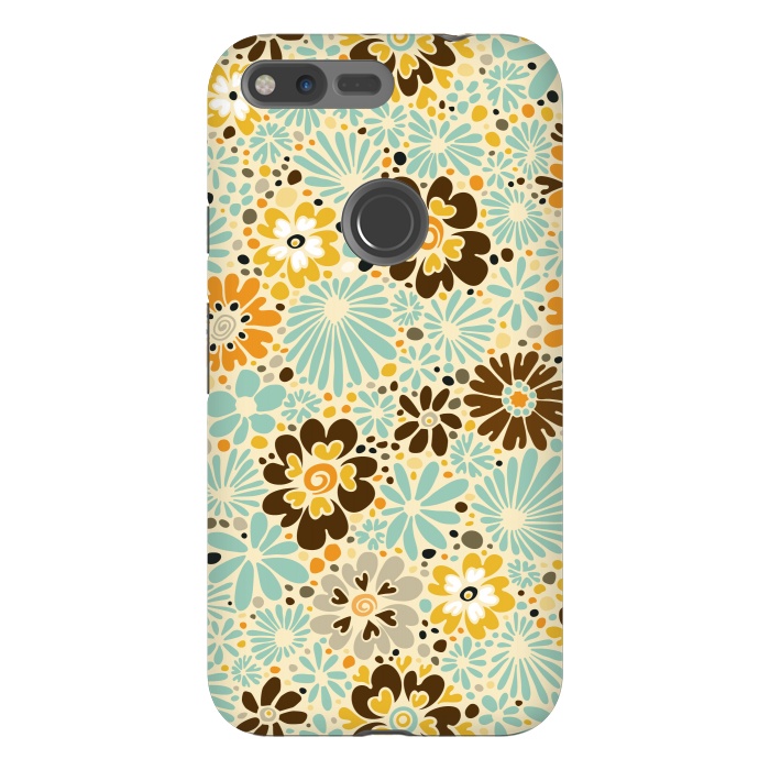 Pixel XL StrongFit 70s Valentine Flowers in Orange, Brown and Blue by Paula Ohreen