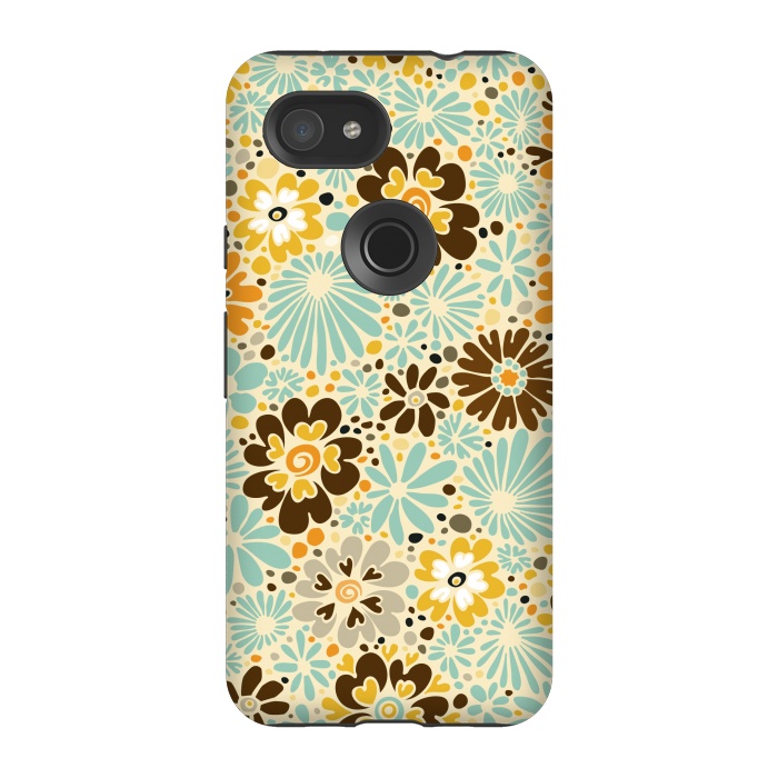 Pixel 3A StrongFit 70s Valentine Flowers in Orange, Brown and Blue by Paula Ohreen